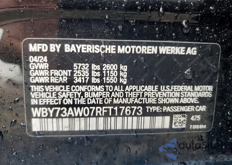 2024 BMW I4 Edrive 40 z USA, uszkodzony, nr VIN WBY73AW07RFT17673